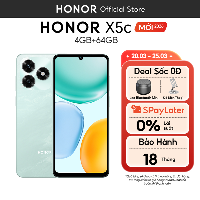 [MỞ BÁN ĐỘC QUYỀN] Điện Thoại Honor X5c (4+4) GB + 64 GB | Màn Hình 6.74 inch | Pin 5260 mAh | Bảo Hành 18 Tháng | BigBuy360 - bigbuy360.vn