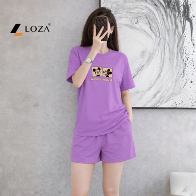 Bộ quần áo thun nữ dáng rộng NB25 hình Mickey chất liệu cotton Loza G0054
