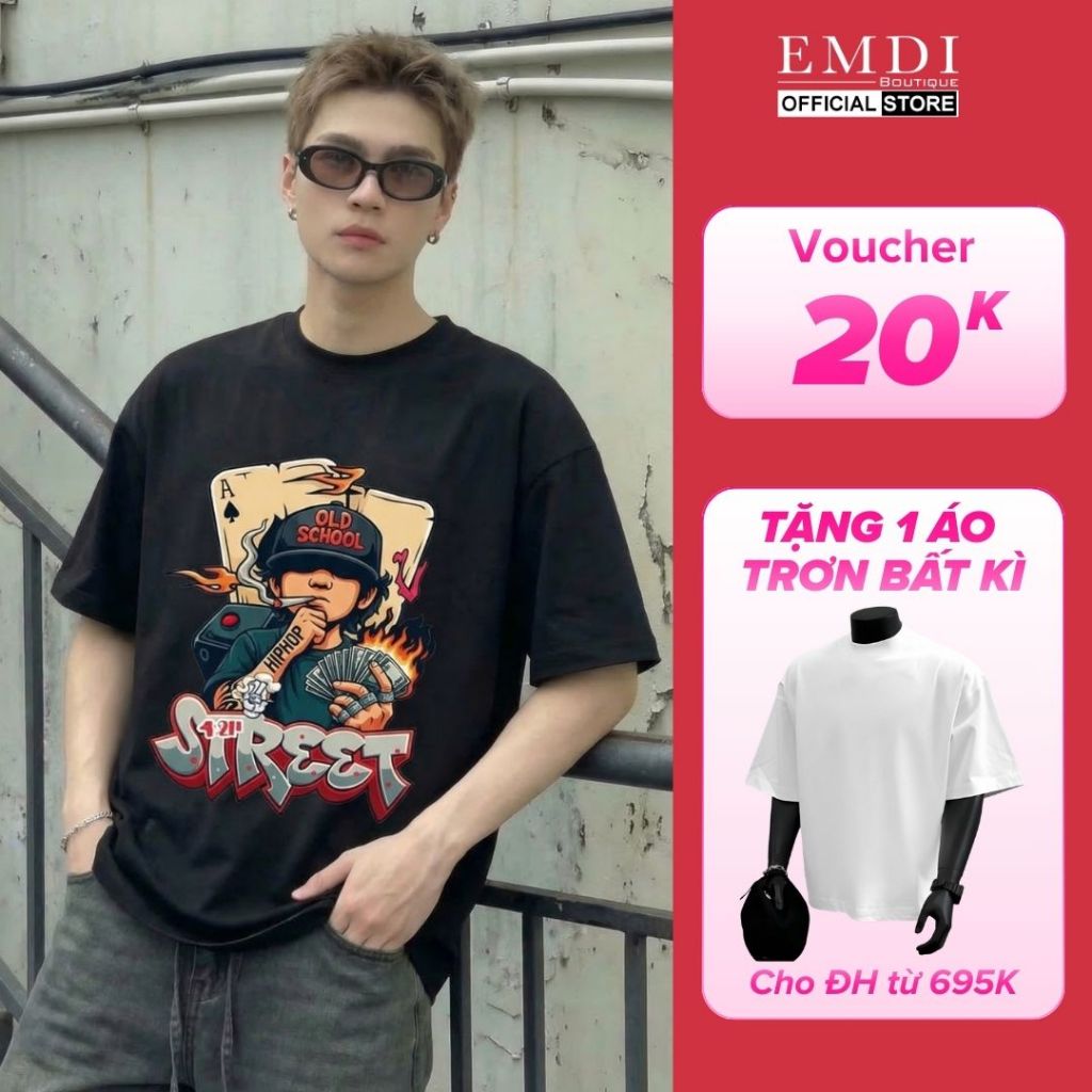 Áo thun nam bigsize cotton EMDI áo thun hình lá bài HIPHOP nam nữ phông form rộng cotton cổ tròn big