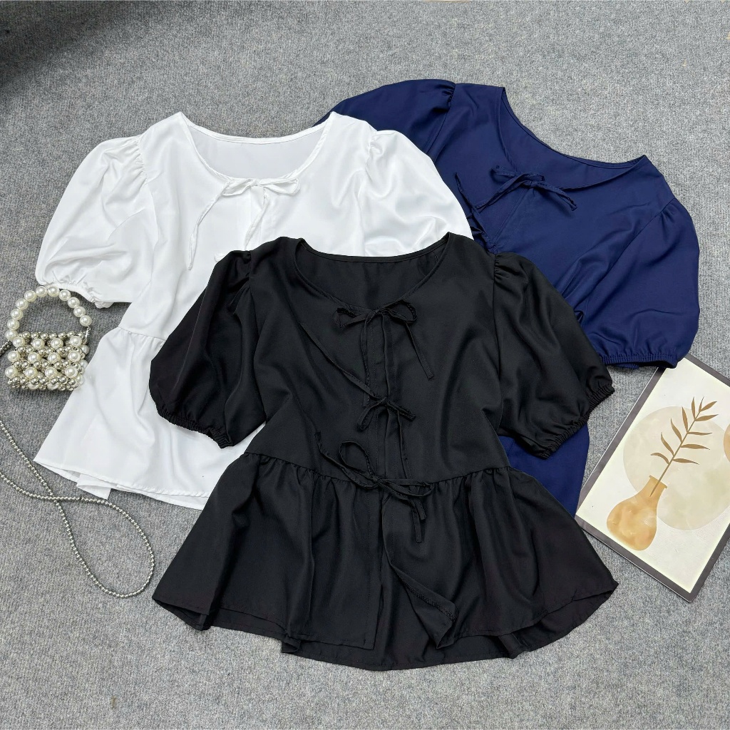 Áo Babydoll Bigsize Nữ Buộc Dây Nơ Dễ Thương, Áo Kiểu Nữ Tay Bồng Dáng Vừa - A191