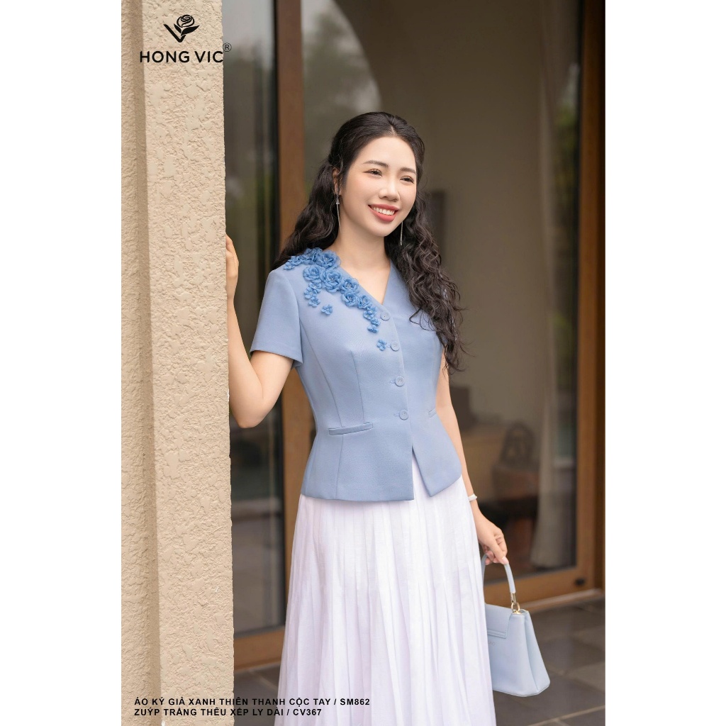 Áo ký giả xanh thiên thanh cộc tay SM862 - Hong Vic áo ký giả nữ