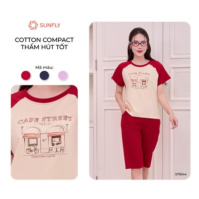Đồ bộ mặc nhà nữ Hè áo cộc quần ngố dáng xuông thoải mái Cotton Compact co dãn tốt SUNFLY ST9344