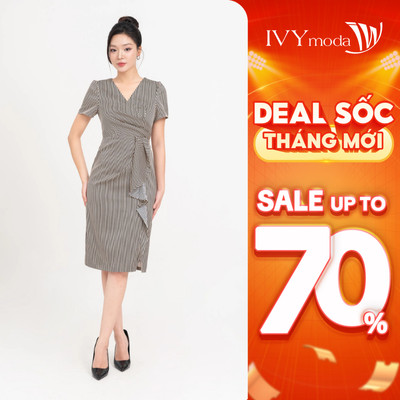 Đầm xếp nữ họa tiết kẻ IVY moda MS 48B9835