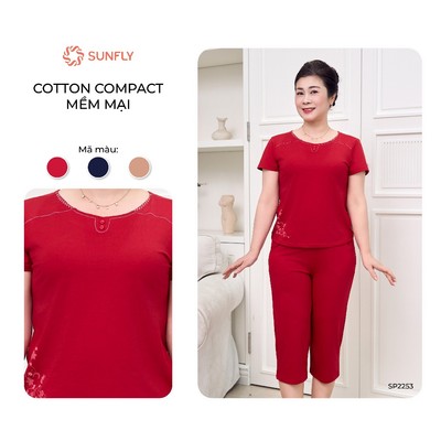 Đồ bộ mặc nhà trung niên cho mẹ hè áo cộc quần ngố cotton compact co dãn tốt, thoải mái SUNFLY SP2253