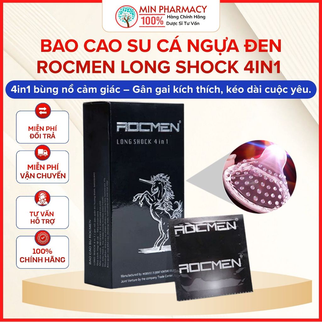 Bao cao su Cá ngựa đen Rocmen Long shock 4in1 Có gai Kéo dài thời gian Hộp 12 cái