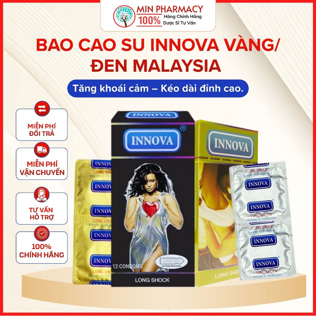 Bao cao su Innova Vàng/đen Malaysia Gân gai, Kéo dài thời gian (hộp 12 cái)