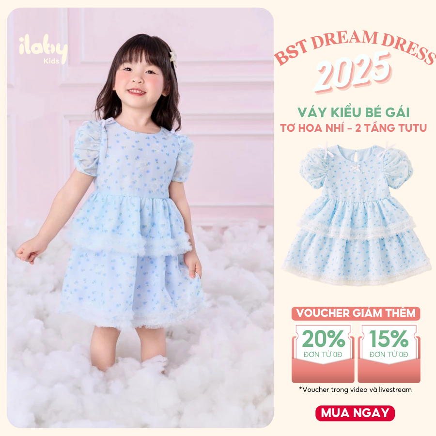 Váy bé gái ILABY váy tơ hoa nhí bé gái thiết kế 2 tầng phối tutu rút nhún [3314]