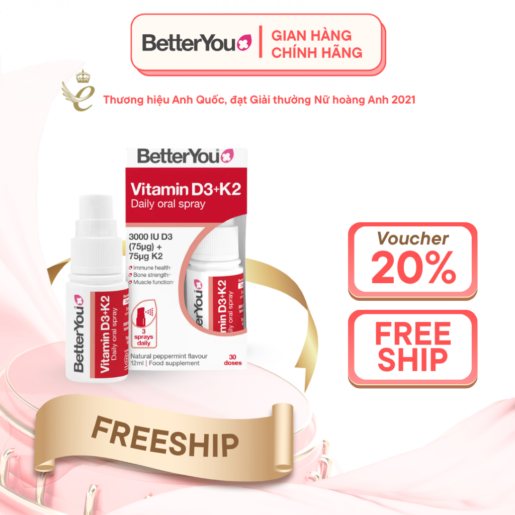 Vitamin D3K2 BetterYou dạng xịt 12ml bổ sung vitamin D và K2 combo 2