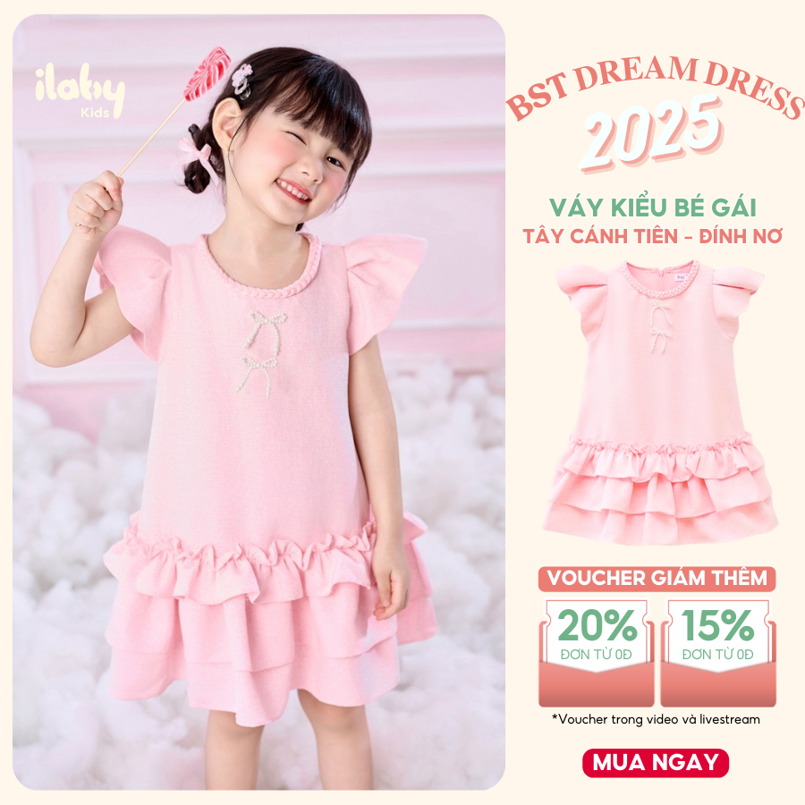 Váy cho bé gái ILABY váy bé gái đính nơ cánh tiên phối lưới dáng xòe gấu [3179]