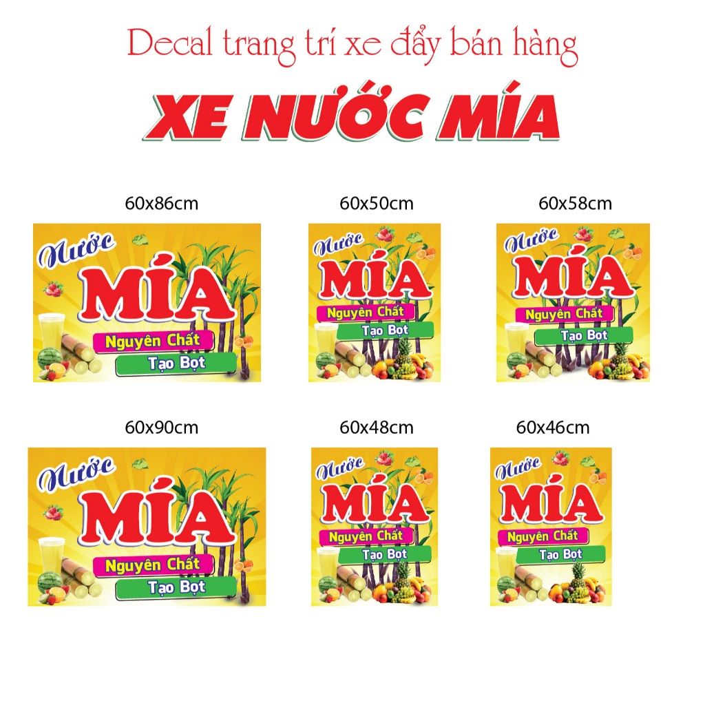 Decal dán xe NƯỚC MÍA NGUYÊN CHẤT bóng đẹp, trang trí quầy, xe nước mía