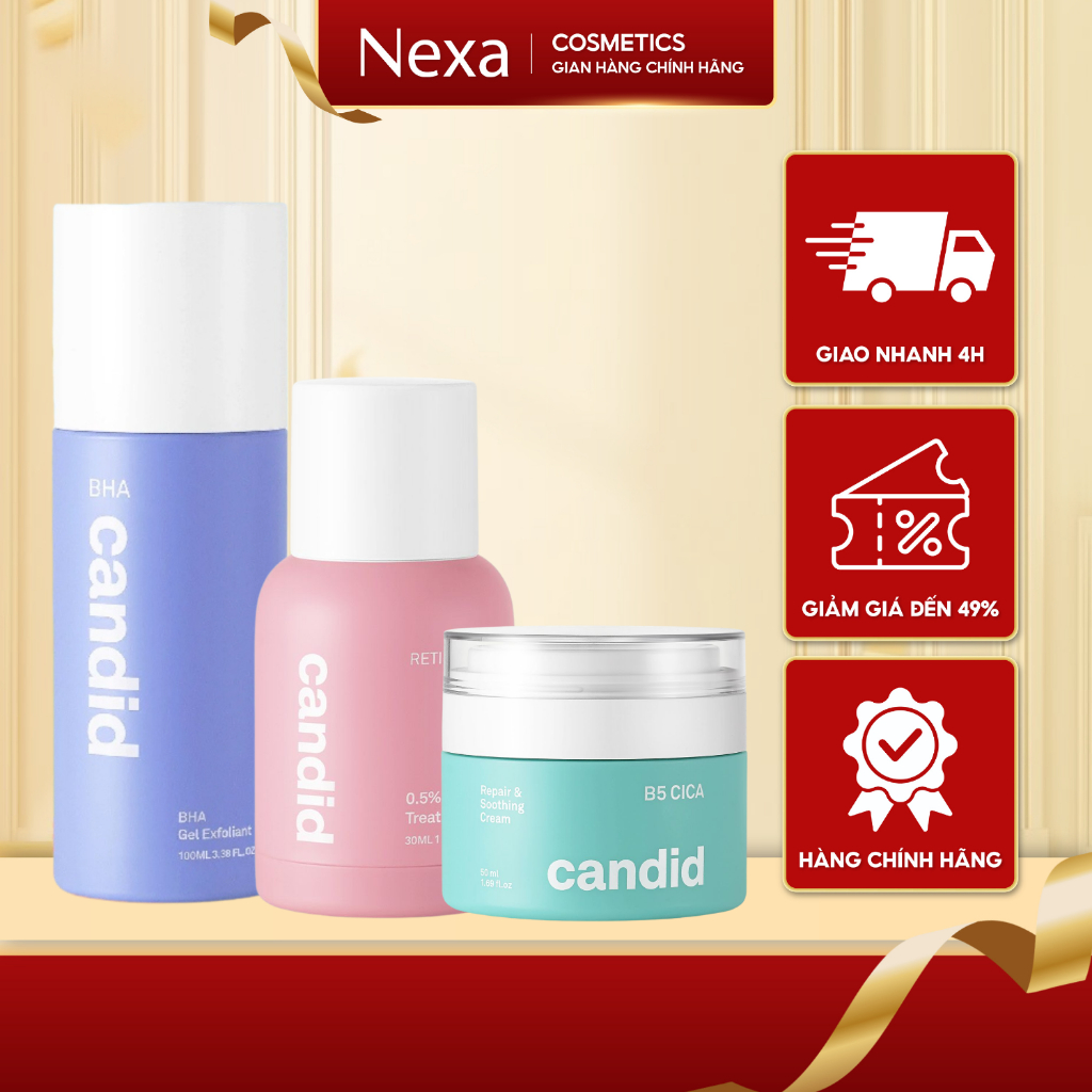 Bộ Ba Hỗ Trợ Cải Thiện Và Phục Hồi Da Candid Retinol 0.5% 30ml & Kem Dưỡng B5 Cica 50ml & BHA 100ml