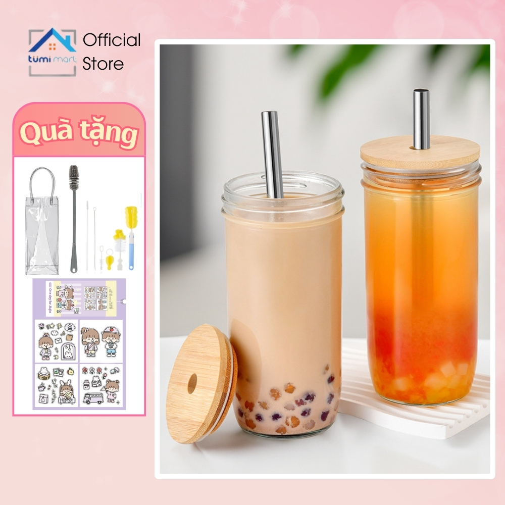 Cốc Thuỷ Tinh Ống Hút To Uống Trà Sữa 730ml, Ly Thuỷ Tinh Trong Suốt Nắp Gỗ