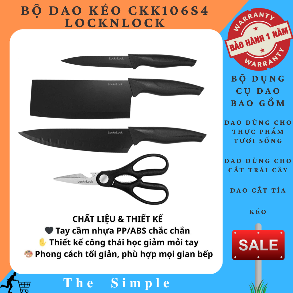 Bộ Dao Kéo CKK106S4 LocknLock, chất liệu lưỡi dao thép không dỉ, sắc bén dễ dàng vệ sinh sau khi dùn
