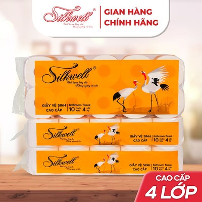 Giấy vệ sinh Silkwell Sếu 10 cuộn 4 lớp có lõi hàng cao cấp siêu mềm mịn không tẩy trắng chính hãng
