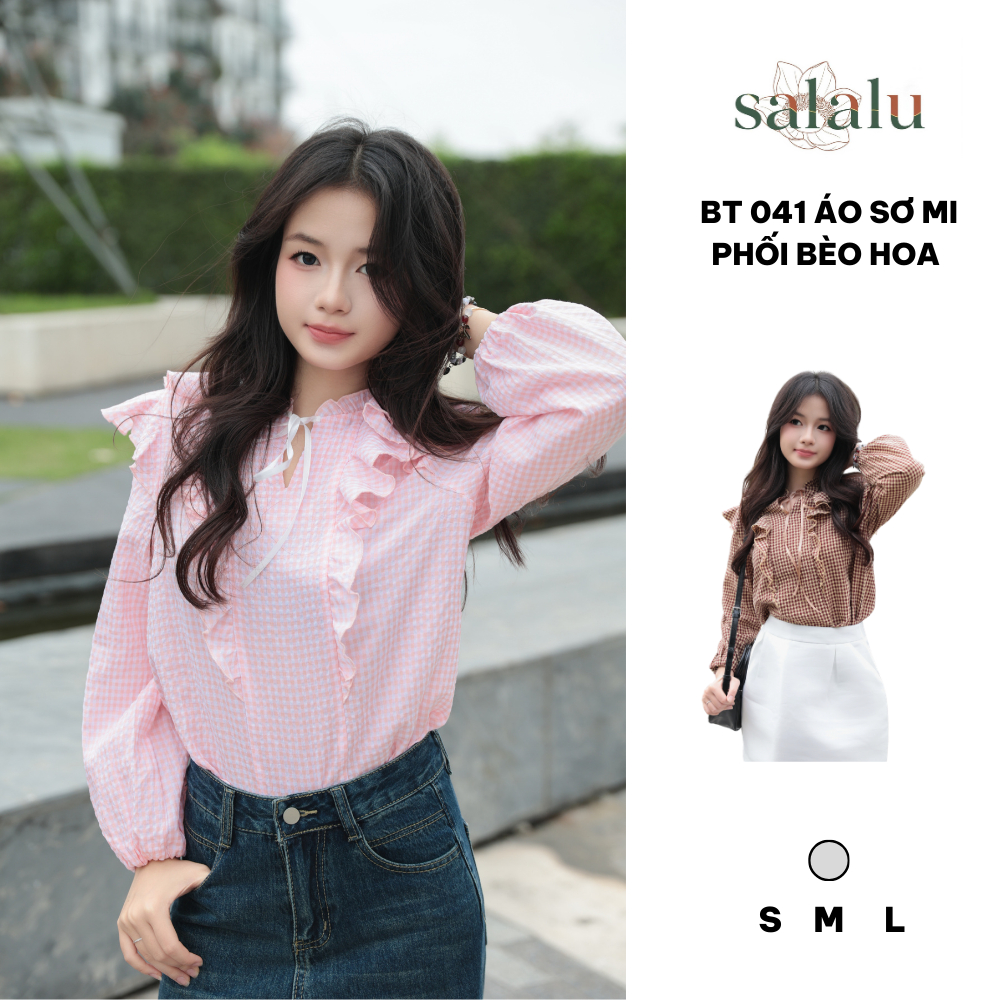 BST XUÂN HÈ BT 041 ÁO SƠ MI PHỐI BÈO HOA KẺ ĐEN TRẮNG | BigBuy360 - bigbuy360.vn