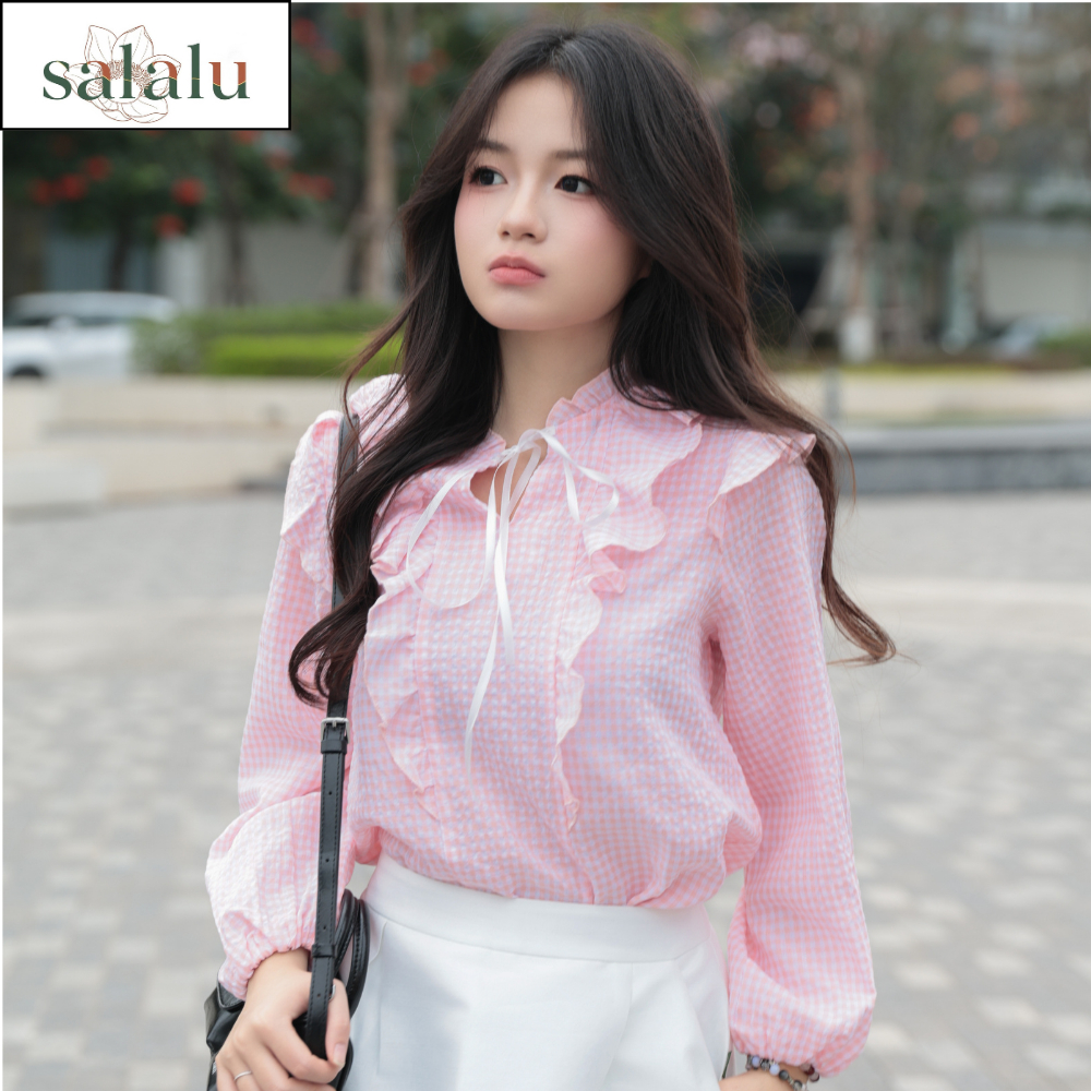 BST XUÂN HÈ BT 041 ÁO SƠ MI PHỐI BÈO HOA KẺ ĐEN TRẮNG | BigBuy360 - bigbuy360.vn