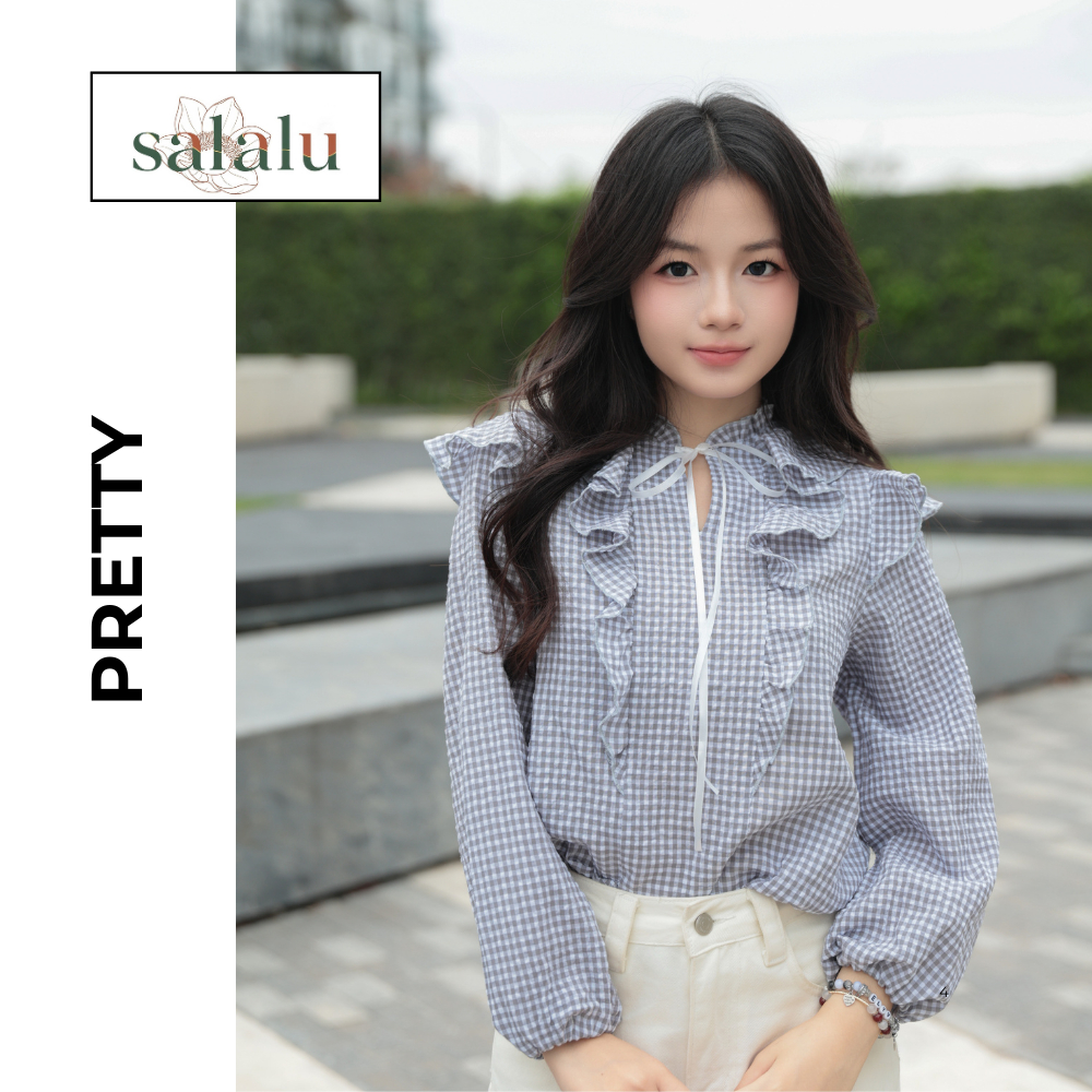 BST XUÂN HÈ BT 041 ÁO SƠ MI PHỐI BÈO HOA KẺ ĐEN TRẮNG | BigBuy360 - bigbuy360.vn