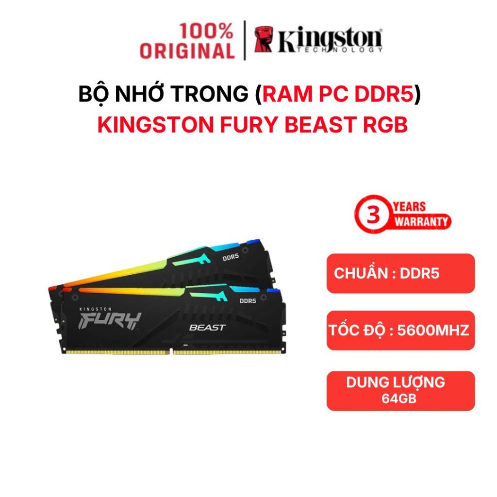 RAM PC Kingston FURY Beast RGB 64GB (2x32GB) DDR5 5600Mhz - Chính hãng