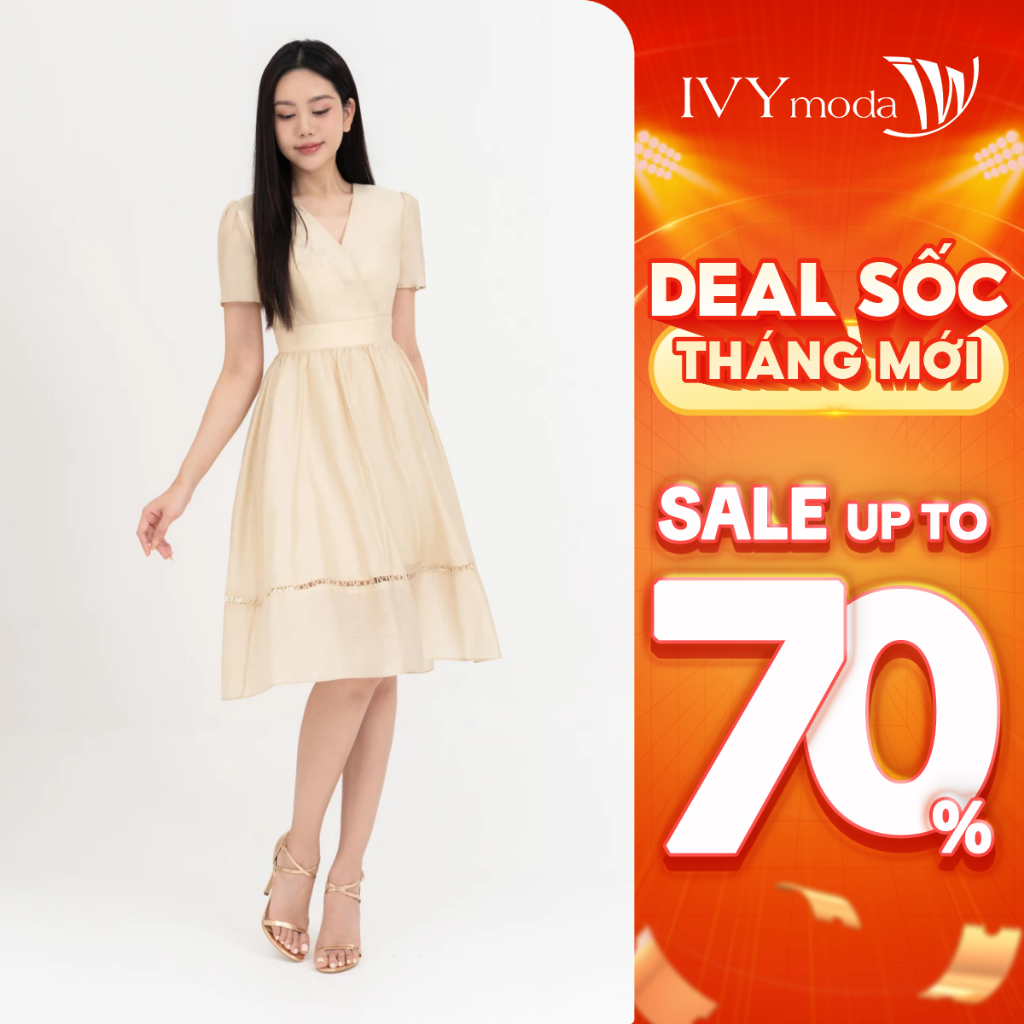 Đầm lụa xòe cổ V nữ IVY moda MS 48M6598