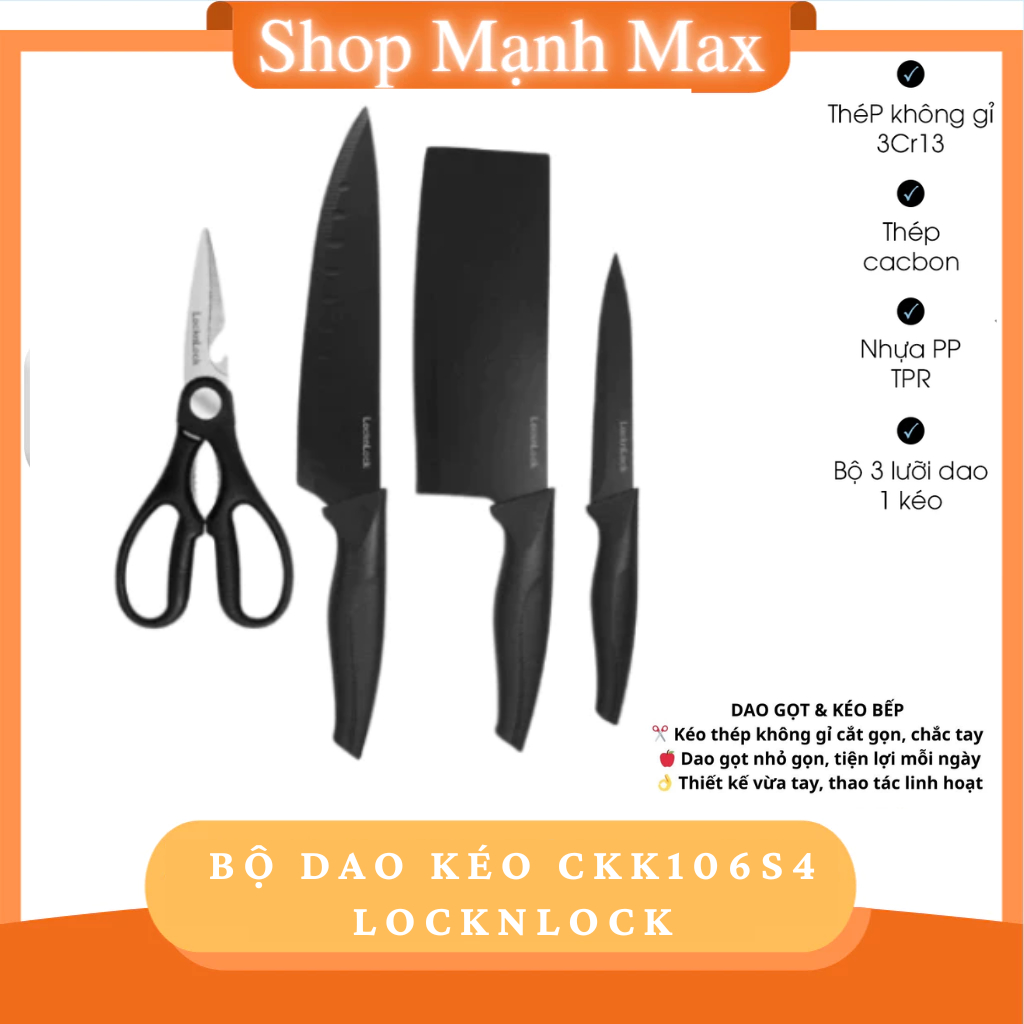 Bộ 4 món dao CKK106S4 LocknLock, chất liệu dao thép không dỉ phủ chống dính tay cầm chắc chắn khi dù