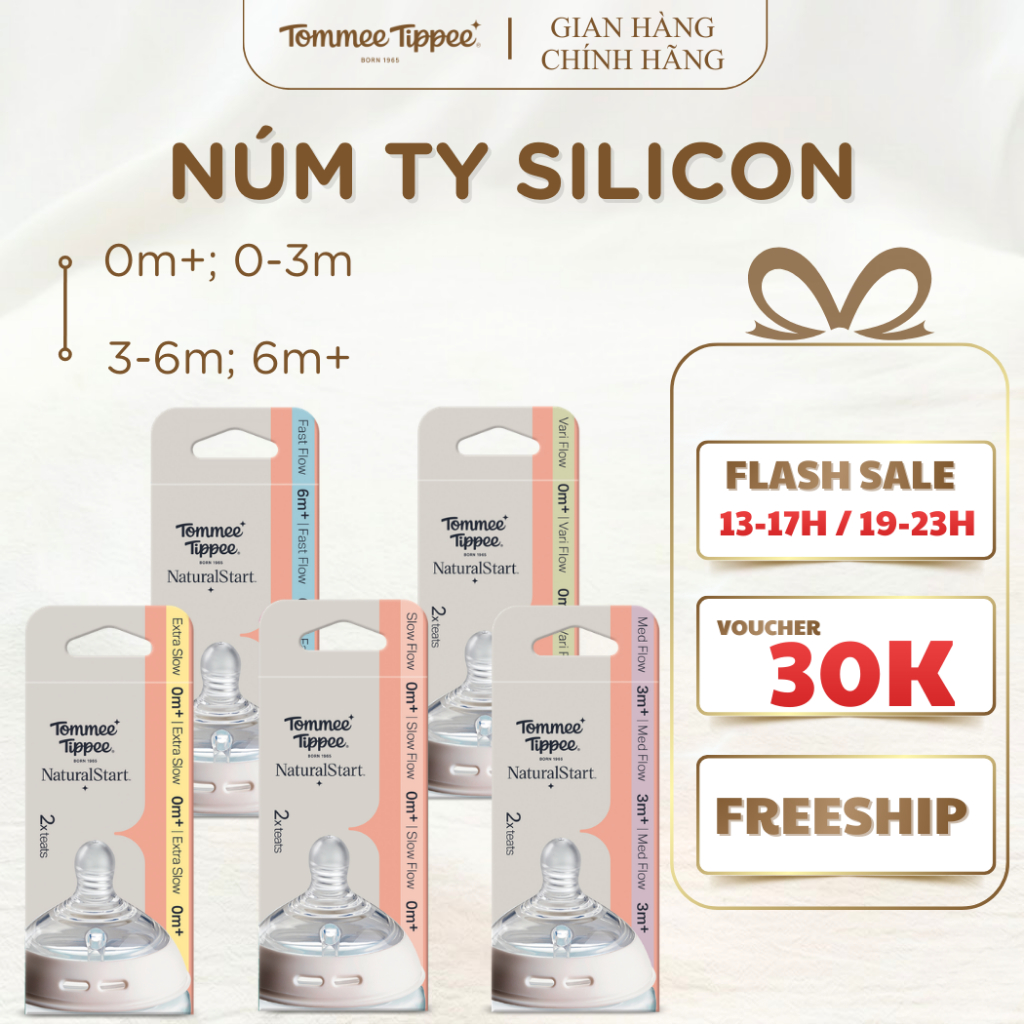 Núm Ty Silicon Siêu Mềm Tự Nhiên Tommee Tippee Natural Start Nhiều Size (Vỉ Đôi, Tách Lẻ)