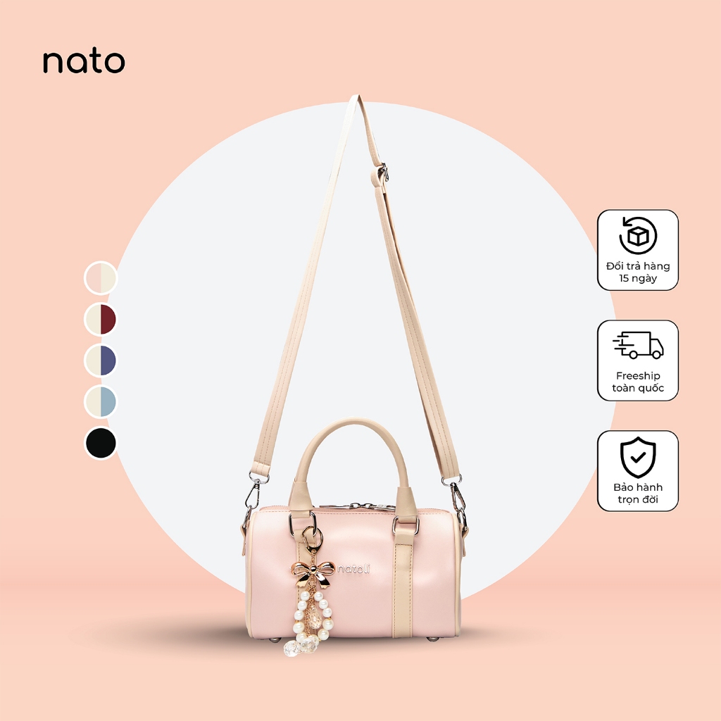 Túi đeo chéo da NATOLI, túi trống mini da chống nước nhiều ngăn thời trang BST Trendy Bowling Bag T37