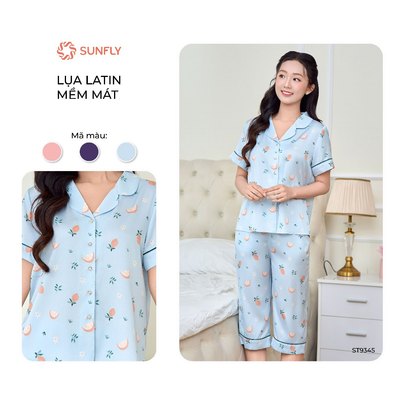 Bộ pijama nữ hè form gọn áo cộc quần ngố lụa latin chất vải mềm mướt thoải mái SUNFLY ST9345