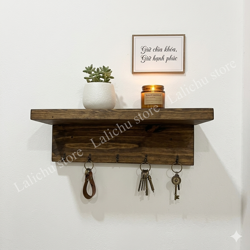 Kệ gỗ gắn tường có móc treo, kệ treo tường decor