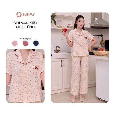 Bộ pijama mặc nhà nữ mùa hè áo cộc quần dài đũi vân mây mềm mại thấm hút mồ hôi tốt SUNFLY ST9348
