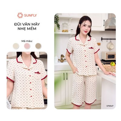 Bộ pijama nữ mặc nhà áo cộc quần ngố đũi vân mây nhẹ mát, trẻ trung SUNFLY ST9347