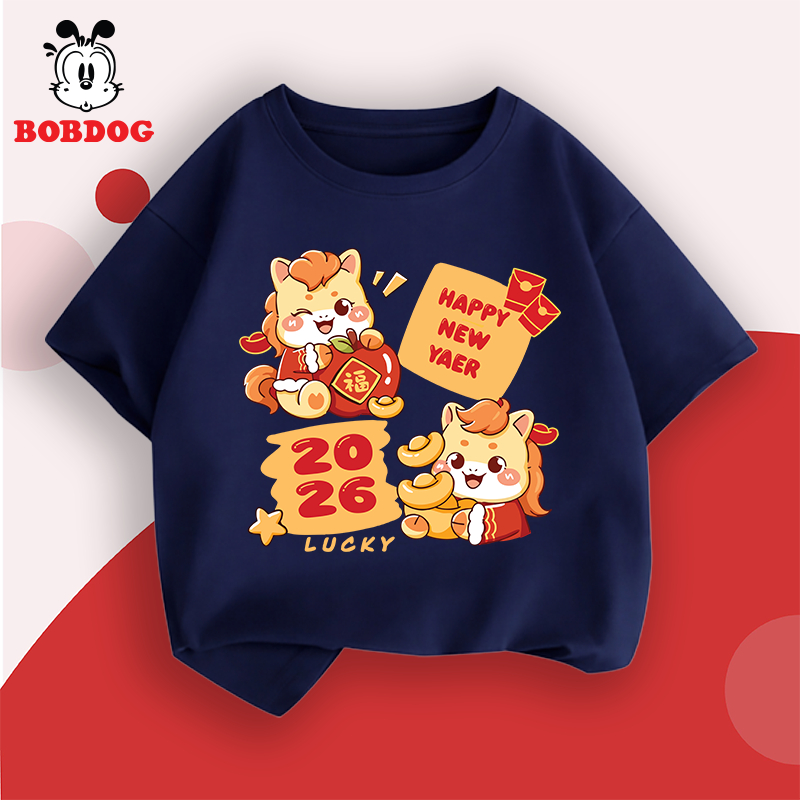 Áo thun cotton cộc tay bé trai BOBDOG áo tết 2026 chất liệu cotton co giãn in hình ngựa lucky cho bé