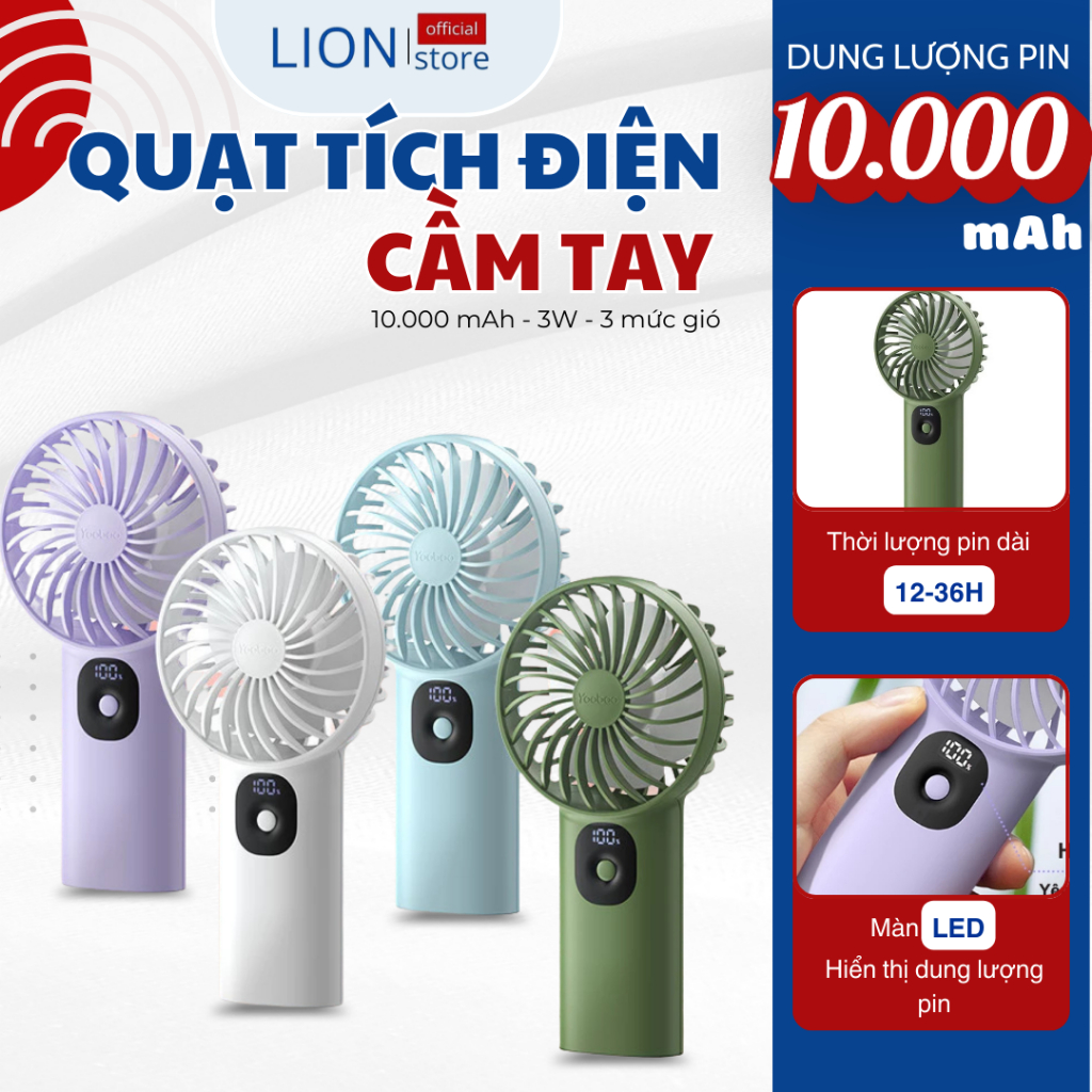 [𝐠𝐢𝐚𝐝𝐮𝐧𝐠𝐋𝐈𝐎𝐍]Quạt Tích Điện Cầm Tay YOOBAO Gió Siêu Mạnh Pin 10.000 mAh, 3 Mức Độ Gió, Dùng Liên Tục
