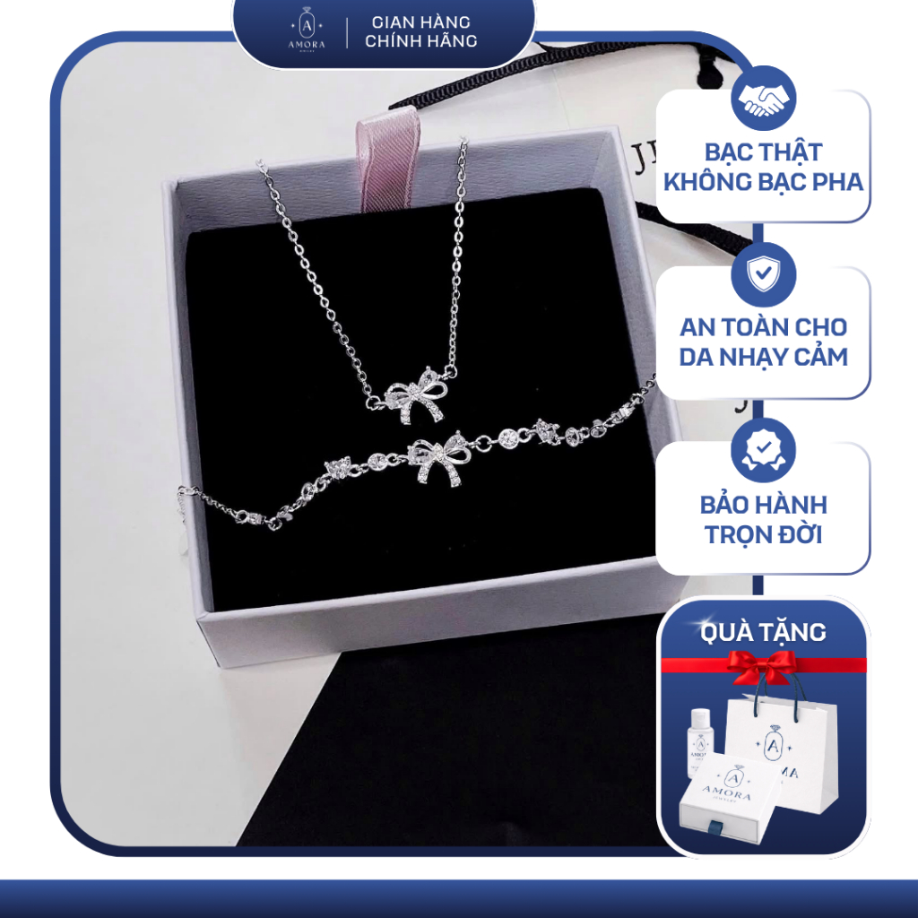 Dây chuyền & lắc tay AMORA thiết kế mặt nơ đá nổi mix tim bạc ta AMORA JEWELRY N938
