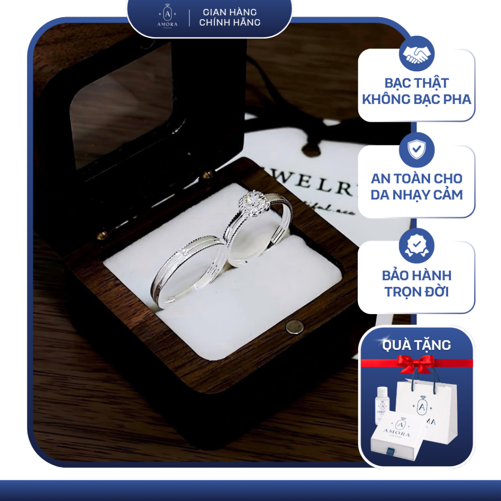 [TỔNG HỢP] Nhẫn đôi AMORA hàng kỹ bạc ta bóng loáng AMORA JEWELRY NĐ038 ảnh thật