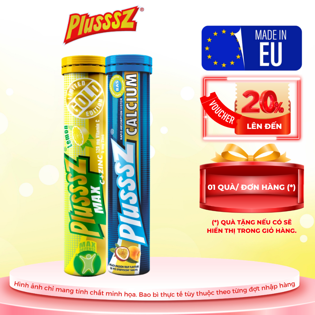 Combo Viên Sủi Plusssz Max Vitamin C & Zinc Vị Chanh + Plusssz C1000 Vị Cam - Nhập Khẩu Chính Hãng