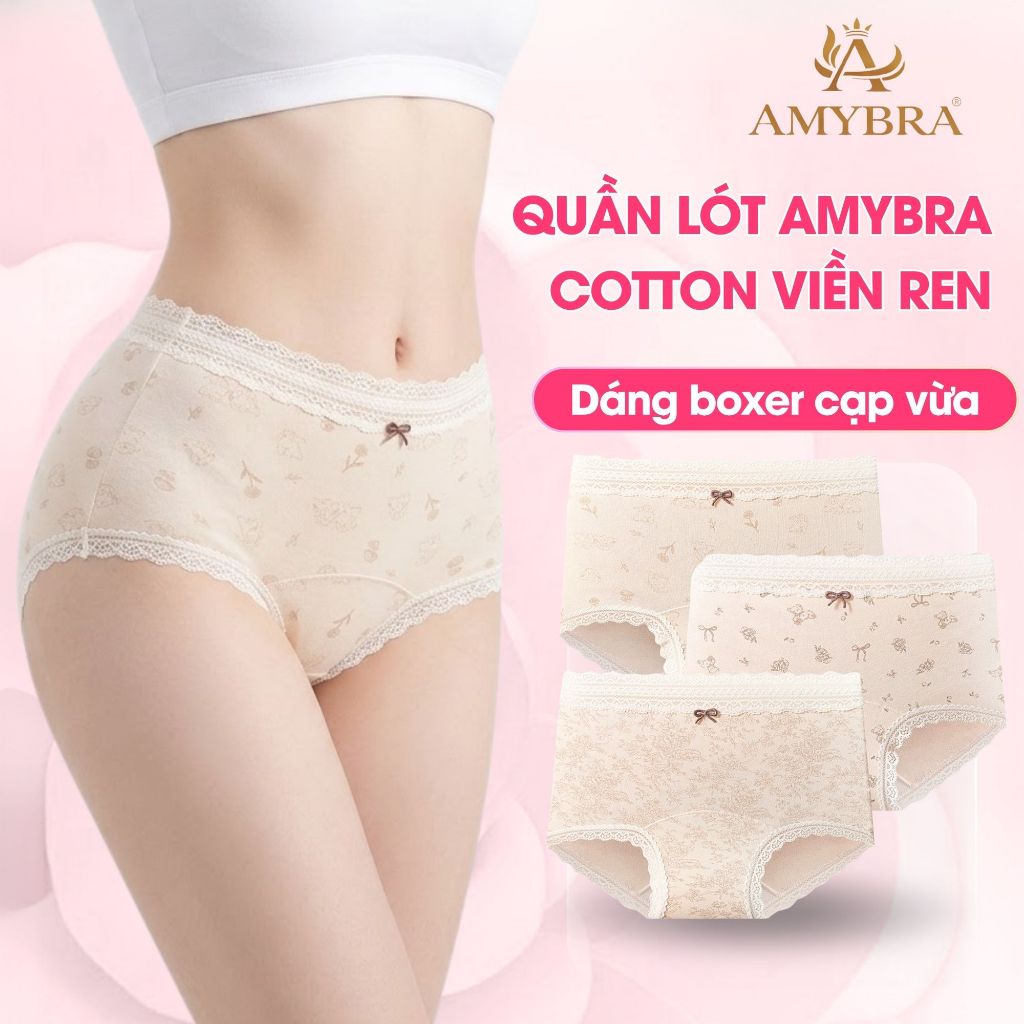 Combo Quần Lót Nữ Cotton Dáng Boxer Cao Cấp Họa Tiết Cổ Điển, Đáy Lót Dài Mềm Mịn AMYBRA L5272