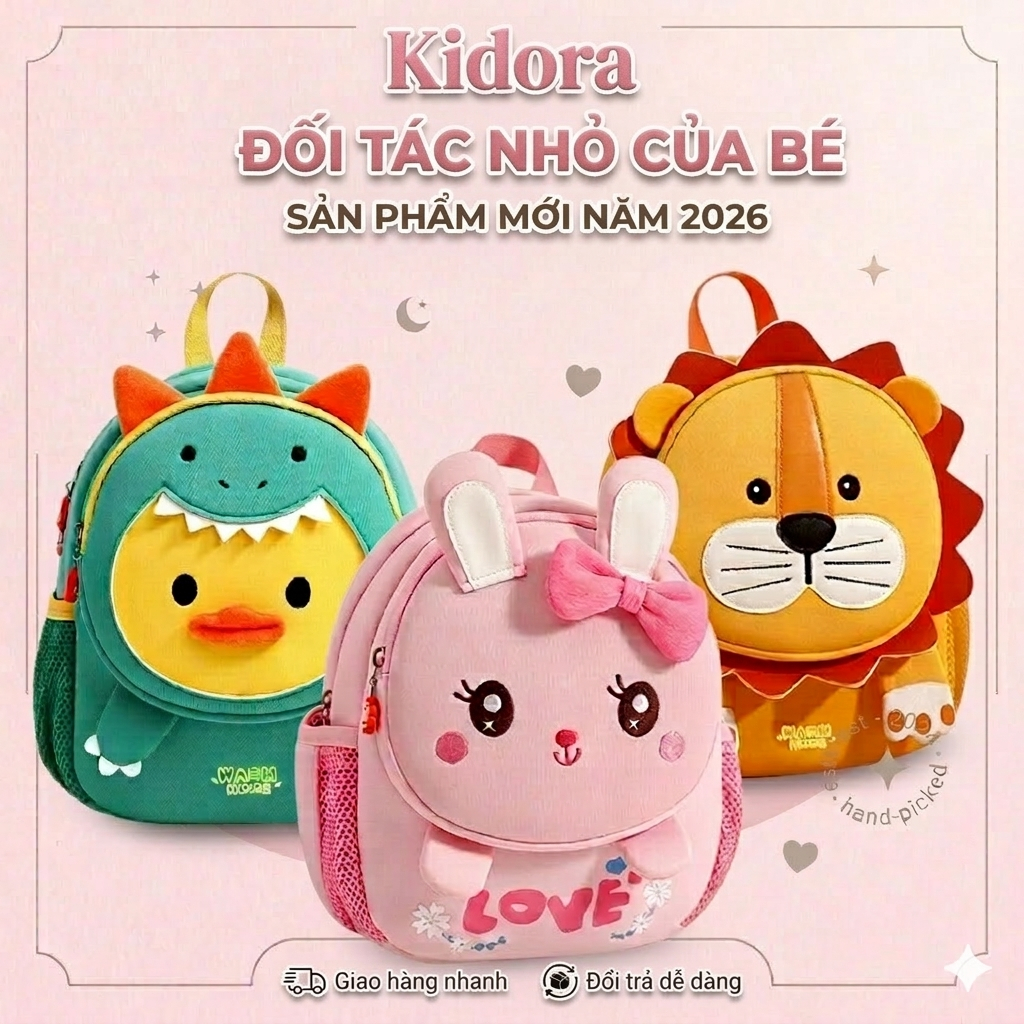 Balo cho bé trai bé gái đi học mẫu giáo mầm non KIDORA Balo trẻ em hình thú đáng yêu,siêu nhẹ 300gram,từ 2 đến 5 tuổi