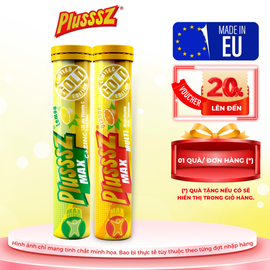 Viên sủi Plusssz Max Multivitamin vị cam + Plusssz Vitamin C & Kẽm vị chanh + Plusssz Calcium vị đào