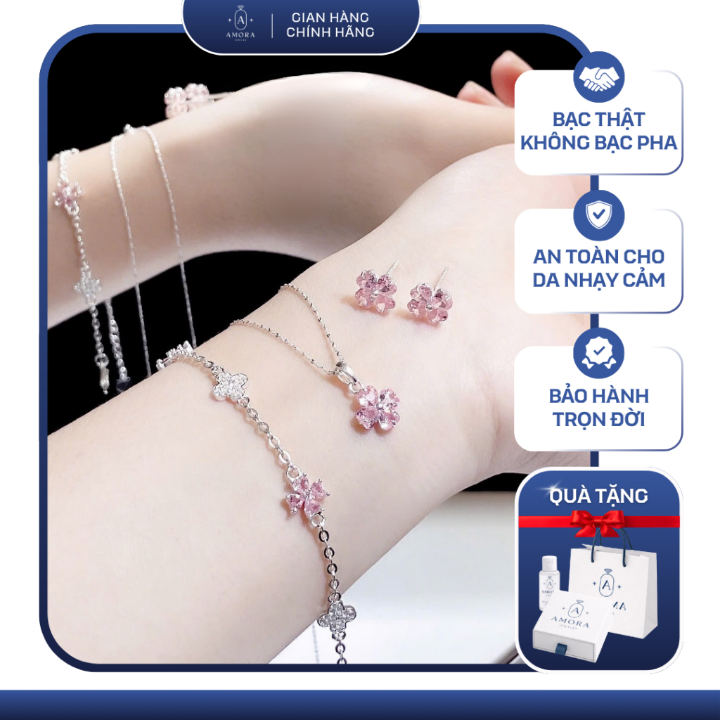 Set 3 món cỏ 4 lá AMORA bạc S990 mặt đá siêu xinh AMORA JEWELRY