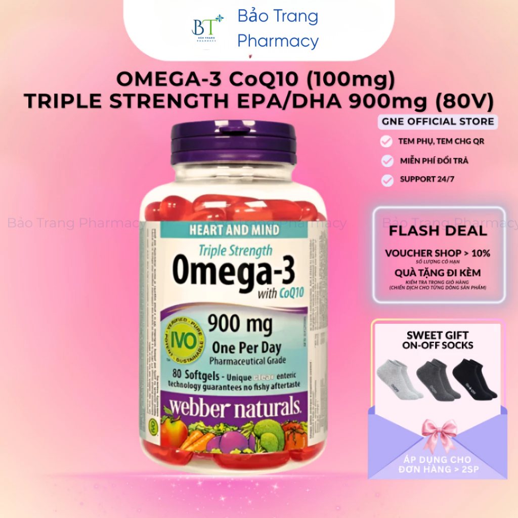 Dầu Cá Triple Strength Omega 3 With CoQ10 900Mg Webber Natural Canada Hộp 80 Viên dùng cho Nam và Nữ