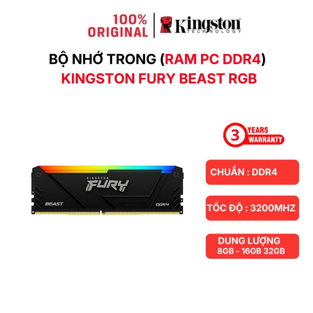 Ram Kingston Fury Beast RGB 8/16/32Gb DDR4 3200/3600MHz (HÀNG CHÍNH HÃNG | BẢO HÀNH 36 THÁNG)