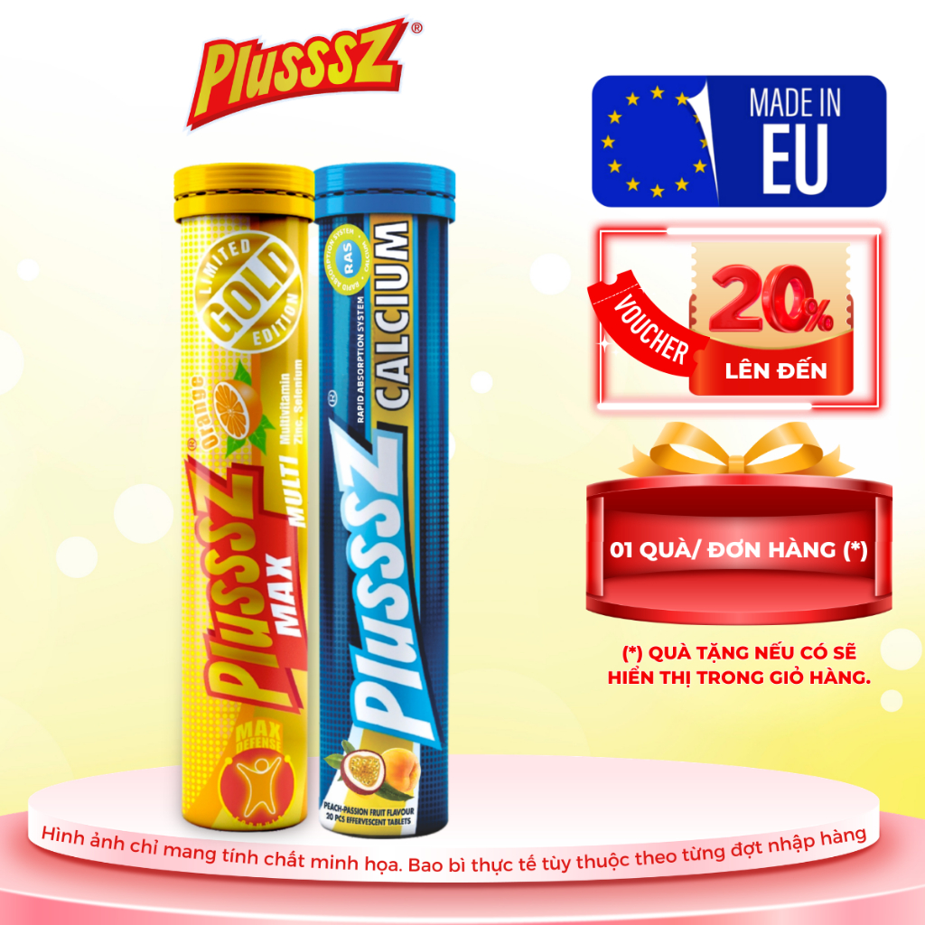 Combo Viên Sủi Plusssz Max Multivitamin Vị Cam + Plusssz Calcium Vị Đào Mix Chanh Leo - Nhập Khẩu Ch