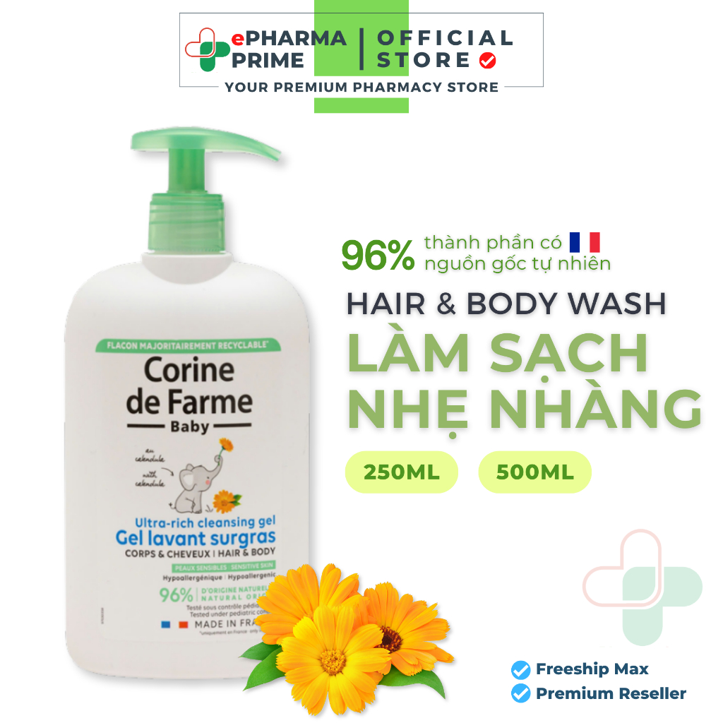 Gel Tắm Gội Cho Bé CORINE DE FARME Ultra-Rich Cleansing Giúp Làm Sạch Dịu Nhẹ
