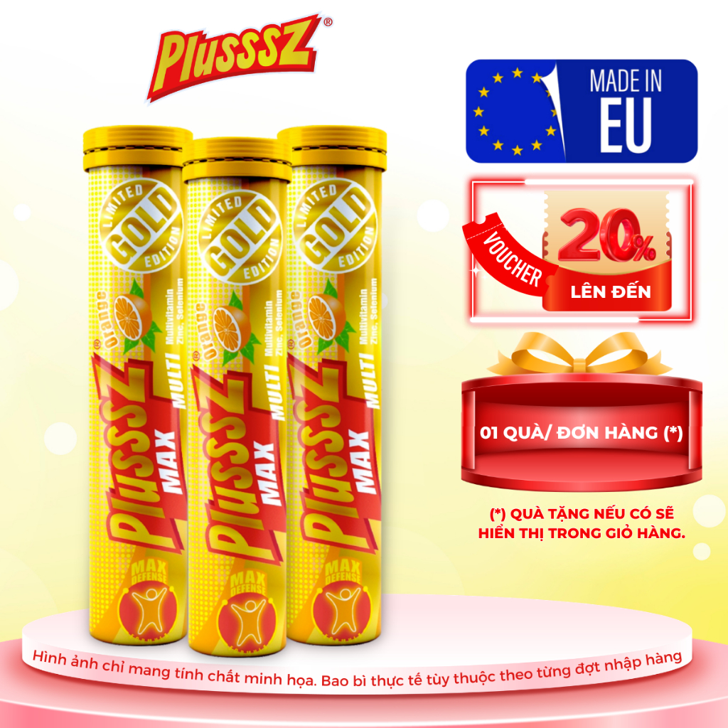 (HDS: Tháng 3.2027) Combo 3 tuýp Viên Sủi Plusssz Max Multivitamin Vị Cam Không Đường - Nhập khẩu ch