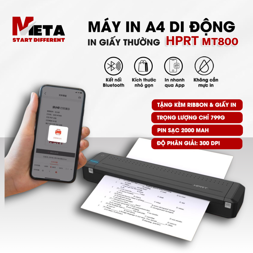 Máy in A4 DI ĐỘNG HPRT MT800 - In Giấy Thường, Không Cần Mực Kết Nối Bluetooth - Hàng chính hãng