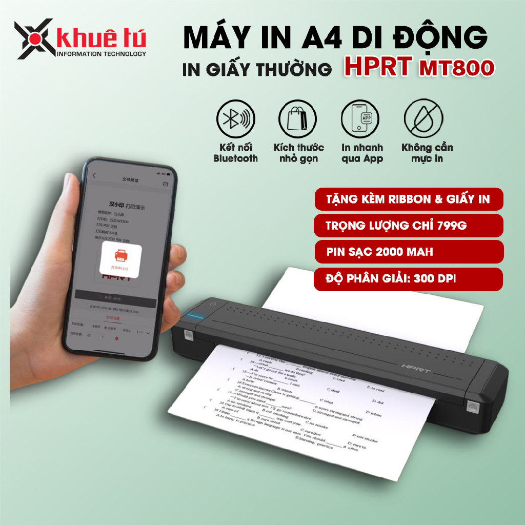 Máy in A4 DI ĐỘNG HPRT MT800 - In Giấy Thường, Không Cần Mực Kết Nối Bluetooth - Hàng chính hãng