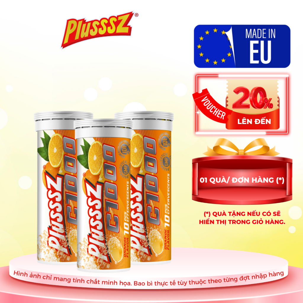Thực phẩm bảo vệ sức khỏe: 3 tuýp Viên sủi Plusssz C1000 bổ sung 1000 mg vitamin C nhập khẩu chính h
