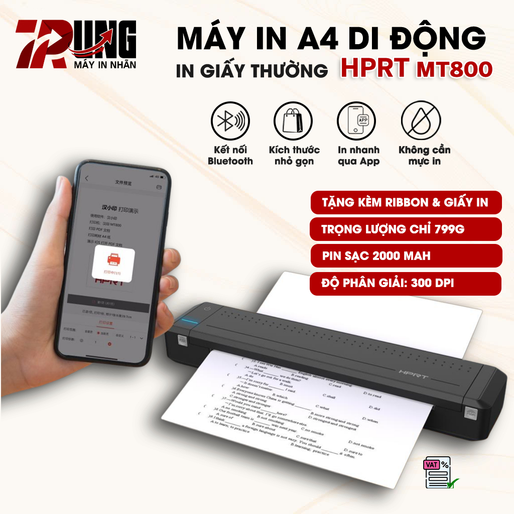 Máy In Di Động HPRT MT800 Khổ A4 Giấy Thường Kết Nối Bluetooth Type C In Từ Điện Thoại Máy Tính