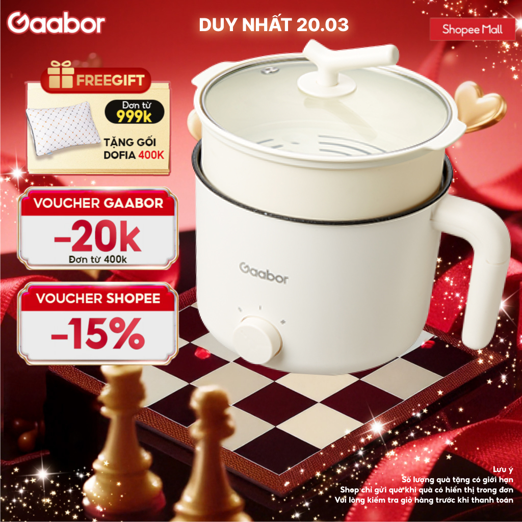 Nồi Điện Đa Năng Gaabor Gr - N15A Lẩu Điện 1.5L Chống Dính Công Suất 600W Ăn Mì Nấu Lẩu Kèm Xửng Hấp