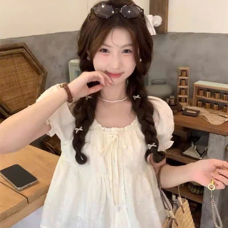 Áo kiểu nữ YUMMY dáng babydoll viền bèo thắt nơ, Áo sơ mi dáng suông rộng phong cách Hàn Quốc S11 | BigBuy360 - bigbuy360.vn